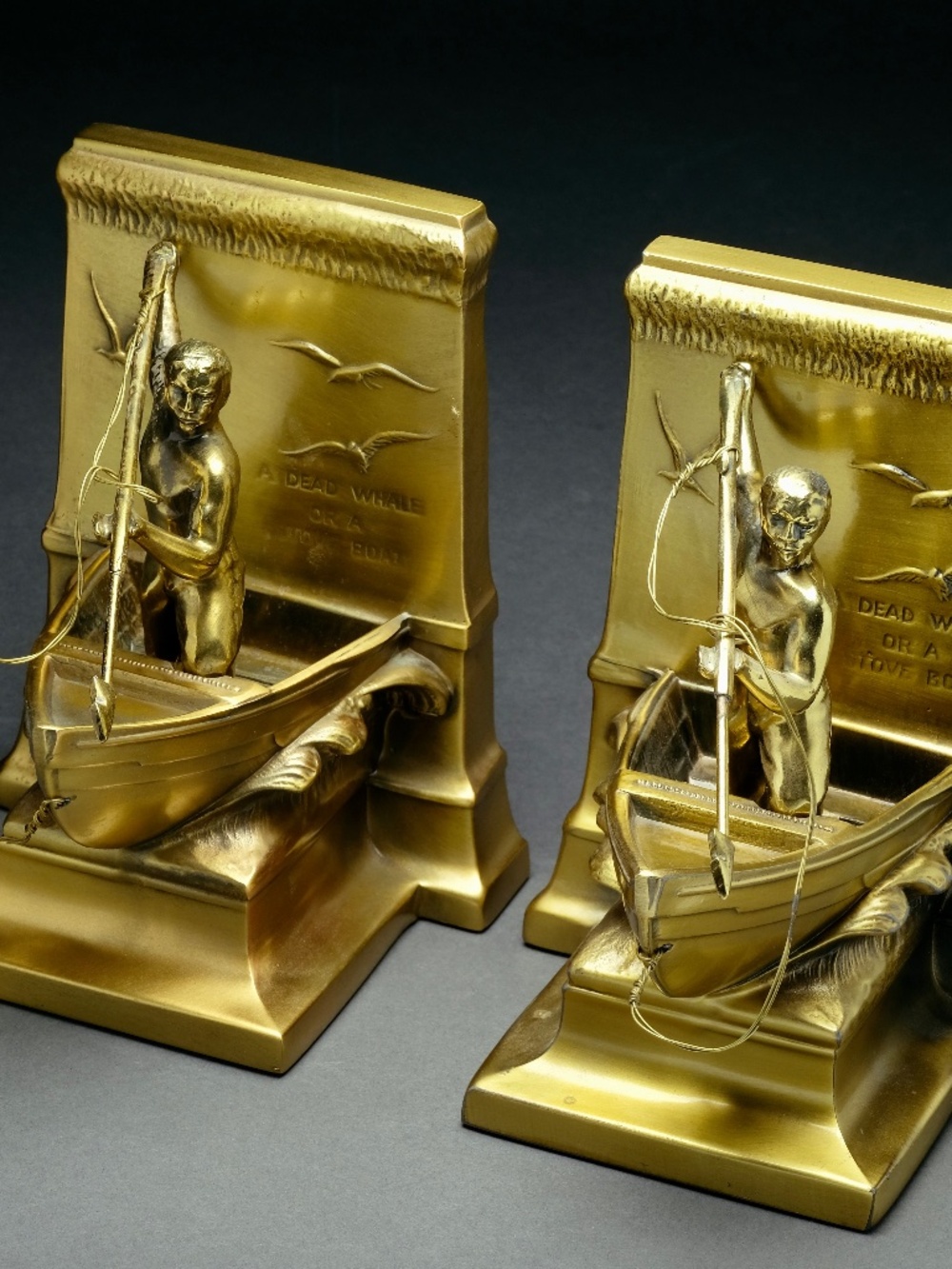 Vintage P.M. Craftsman Whaleman Bookends Bela Lyon Pratt Bronze Nautical Pair